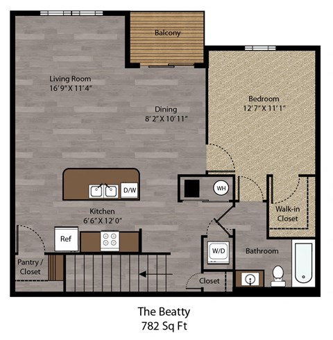 Floor plan for 1 bed, 1 bath, 782 sqft